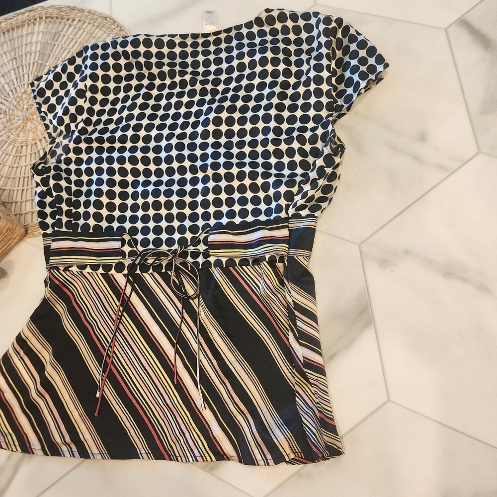 [Old Navy]Y2K cutest multi mix stripes & pok a dot silky feel blouse w/waist tie - Picture 6 of 8